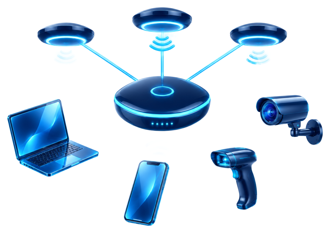 איור תלת-ממדי של בקר Wi-Fi מרכזי המחובר לנקודות גישה ולמכשירים